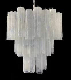 New Pamono Large Three-Tier Murano Glass Tube Chandelier with White Albaster, 1990s