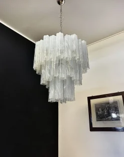 New Pamono Large Three-Tier Murano Glass Tube Chandelier with White Albaster, 1990s