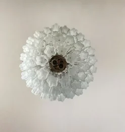 New Pamono Large Three-Tier Murano Glass Tube Chandelier with White Albaster, 1990s