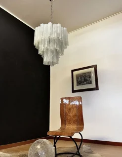 New Pamono Large Three-Tier Murano Glass Tube Chandelier with White Albaster, 1990s