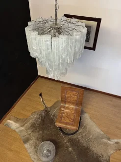 New Pamono Large Three-Tier Murano Glass Tube Chandelier with White Albaster, 1990s