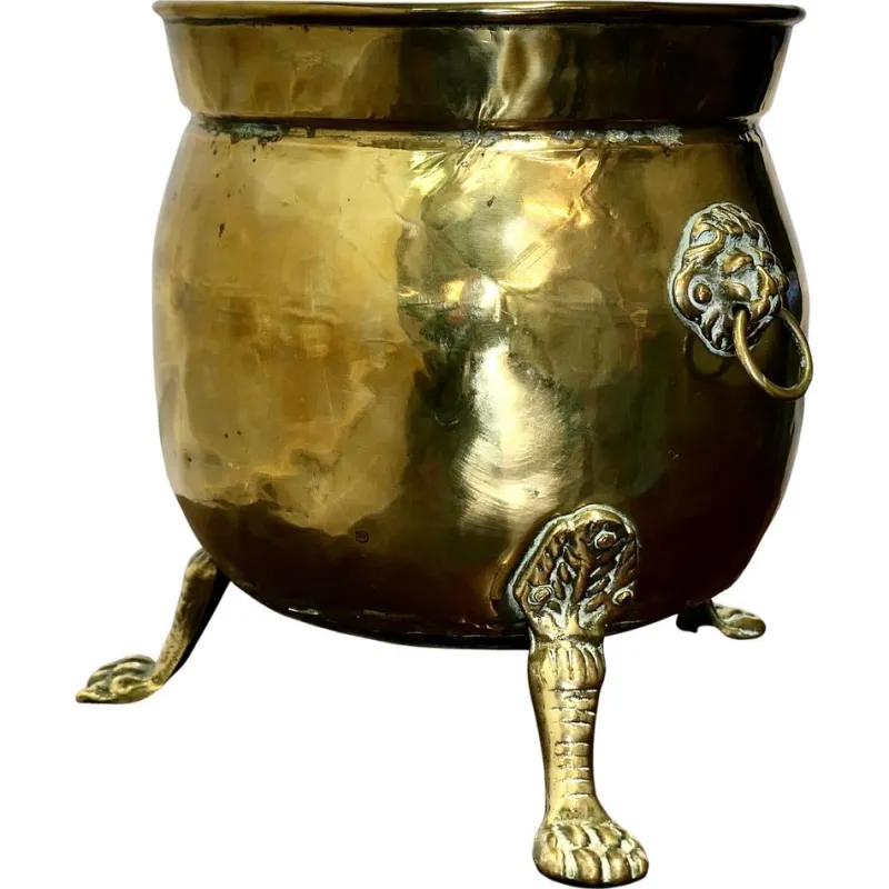 Pamono Large Victorian Brass Jardinière with Lions Mask & Hairy Paw Feet, 1880s> Planters And Jardiniere