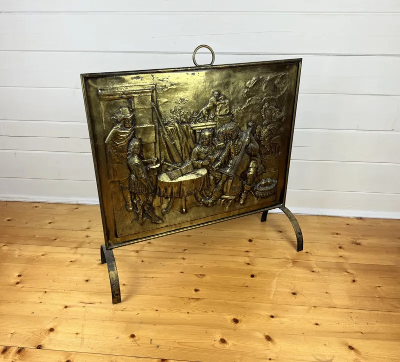 Pamono Large Victorian Embossed Brass Fire Screen, 1950s