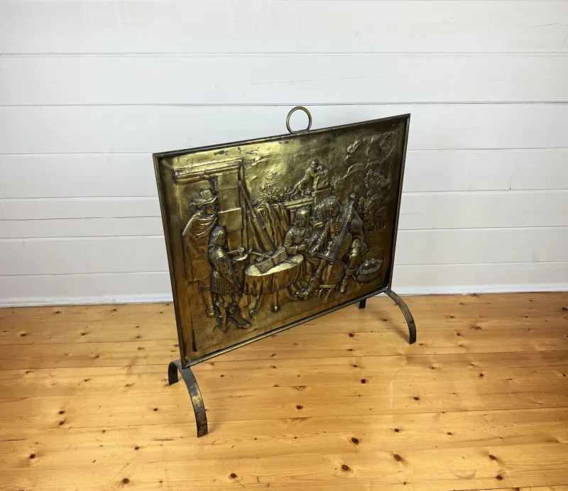 Pamono Large Victorian Embossed Brass Fire Screen, 1950s