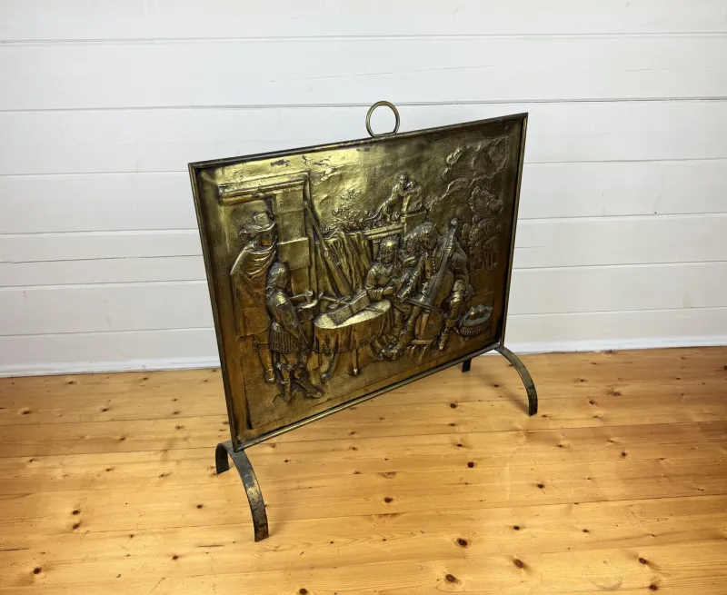 Pamono Large Victorian Embossed Brass Fire Screen, 1950s