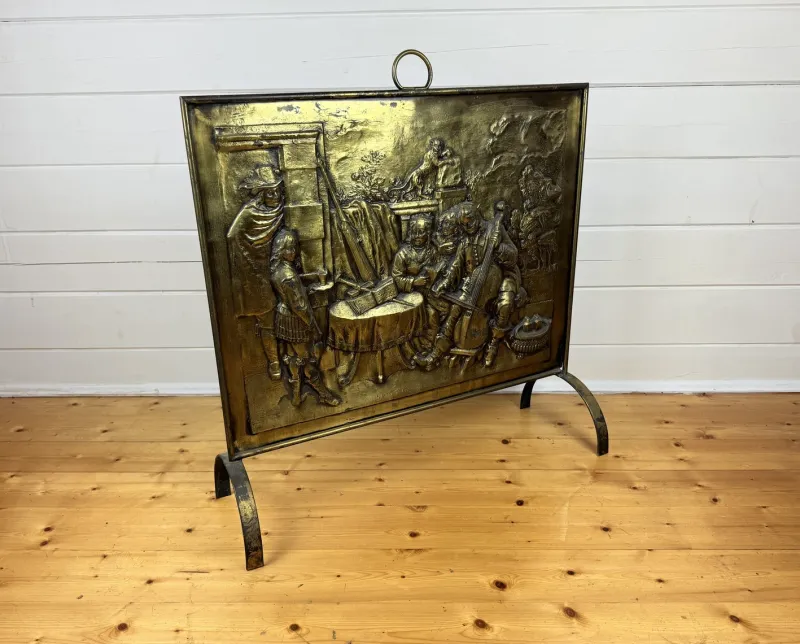 Pamono Large Victorian Embossed Brass Fire Screen, 1950s