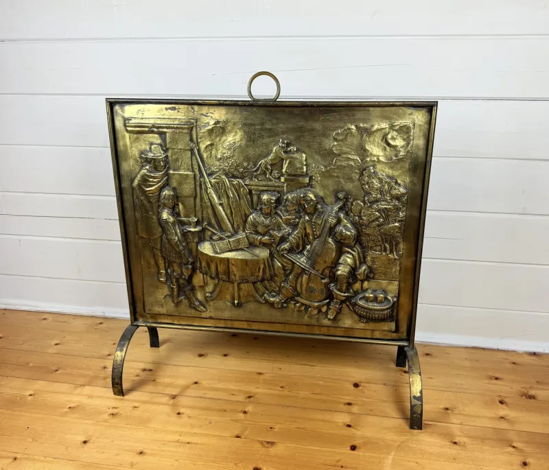 Pamono Large Victorian Embossed Brass Fire Screen, 1950s