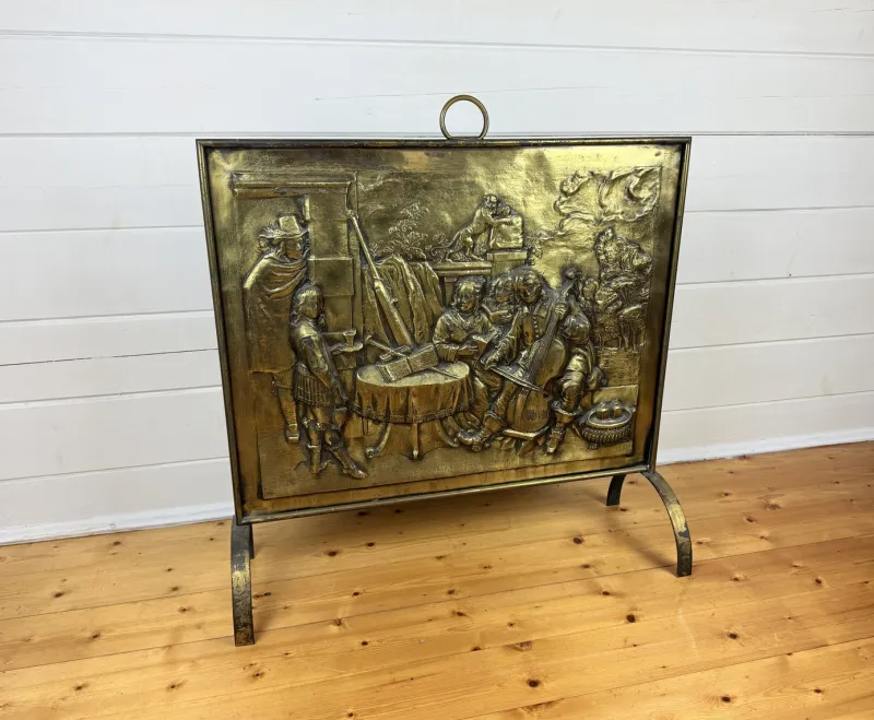 Pamono Large Victorian Embossed Brass Fire Screen, 1950s