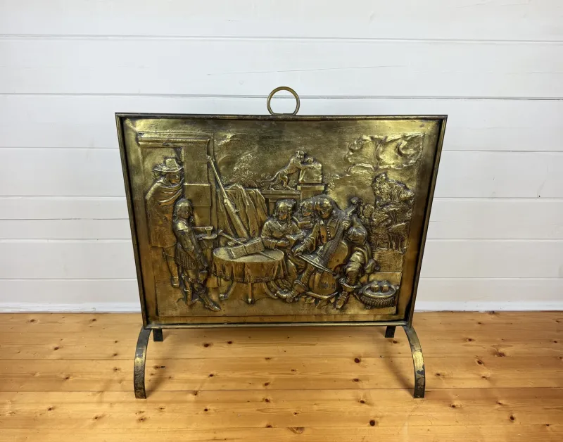 Pamono Large Victorian Embossed Brass Fire Screen, 1950s