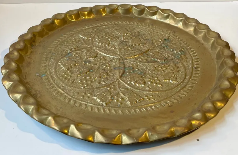 Best Pamono Large Vintage Moroccan Round Tray in Embossed Brass, 1950s