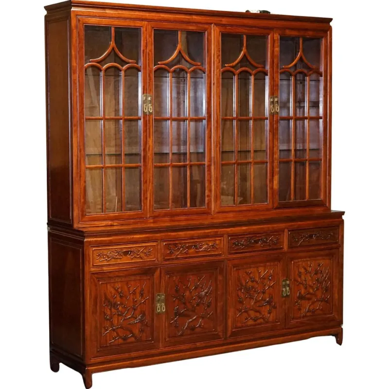 Pamono Large Vintage Oriental Chinese Carved Bookcase Display Cabinet with Lights> Cabinets & Wardrobes