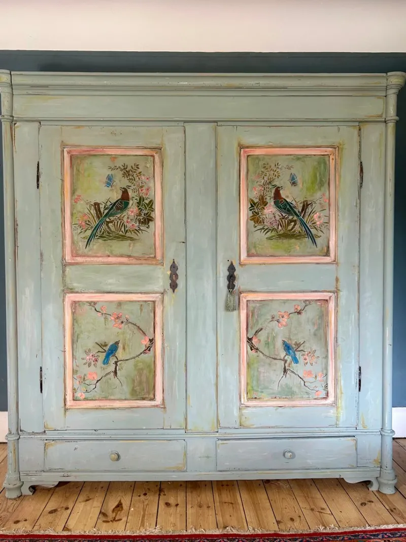 Pamono Large Vintage Painted Pine Double Wardrobe with Inlaid Chinoiserie, 1890s> Cabinets & Wardrobes