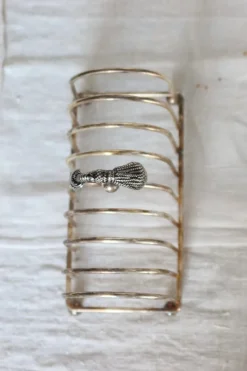 Pamono Large Vintage Silver Metal Toast Rack with Curtain Bow Detail and Tray, 1970s, Set of 2><noscript><img width=