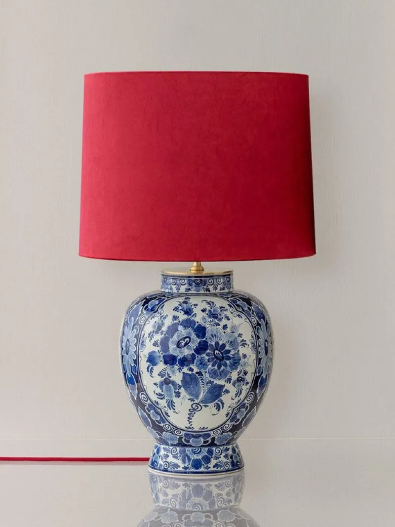 Online Pamono Large Wilhelmina Regina Delft Blue Table Lamp with New Red Velvet Lampshade