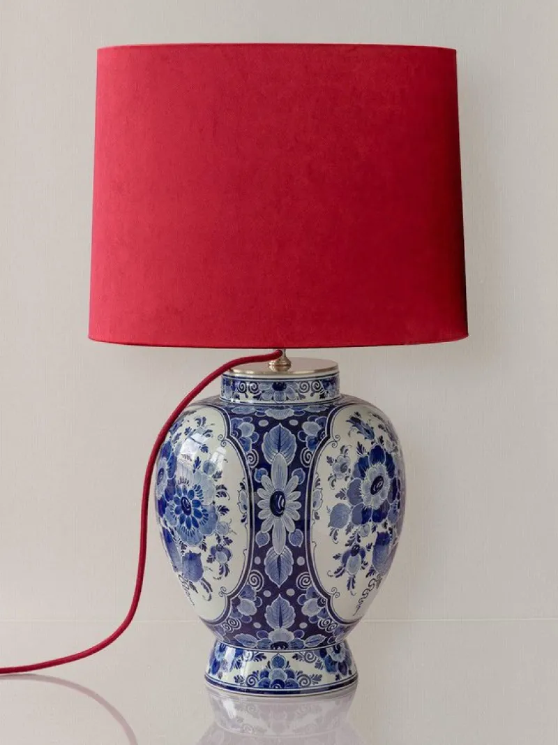 Online Pamono Large Wilhelmina Regina Delft Blue Table Lamp with New Red Velvet Lampshade