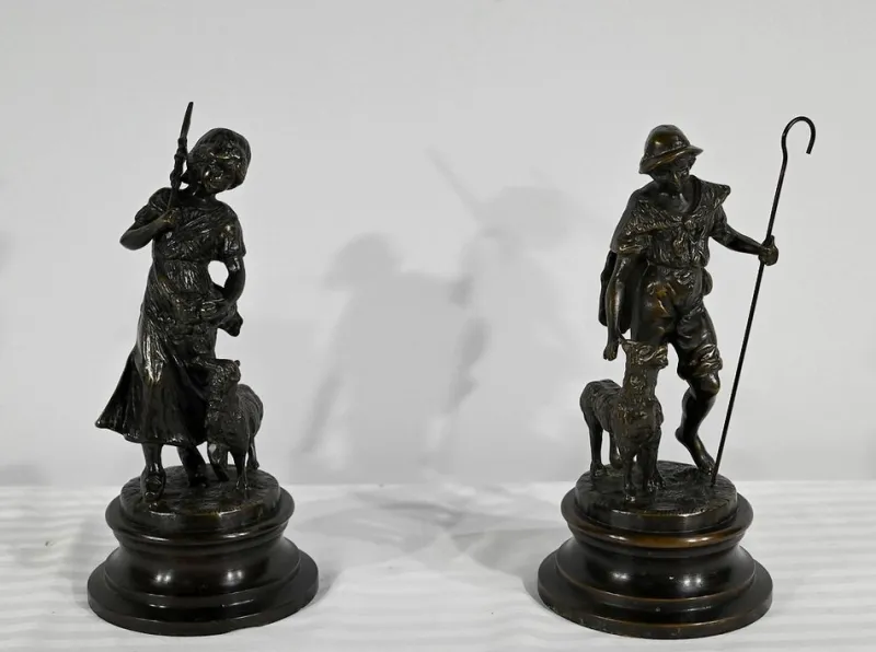 Pamono Laurini after L & F. Moreau, Le Berger et la Bergère, Early 1900s, Bronzes, Set of 2> Art Nouveau