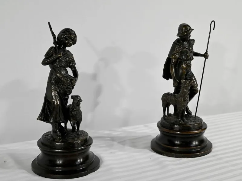 Pamono Laurini after L & F. Moreau, Le Berger et la Bergère, Early 1900s, Bronzes, Set of 2> Art Nouveau
