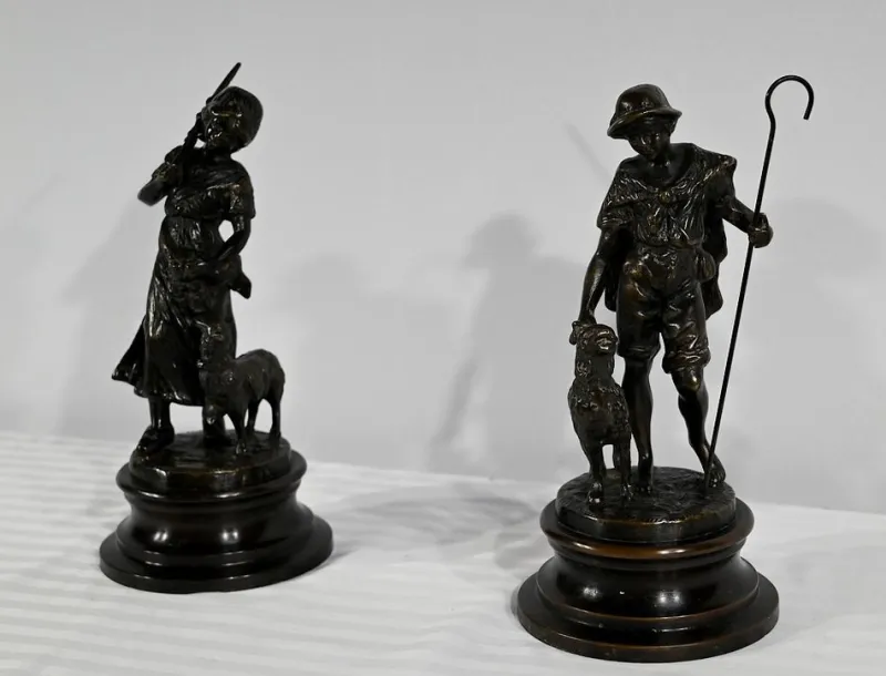 Pamono Laurini after L & F. Moreau, Le Berger et la Bergère, Early 1900s, Bronzes, Set of 2> Art Nouveau