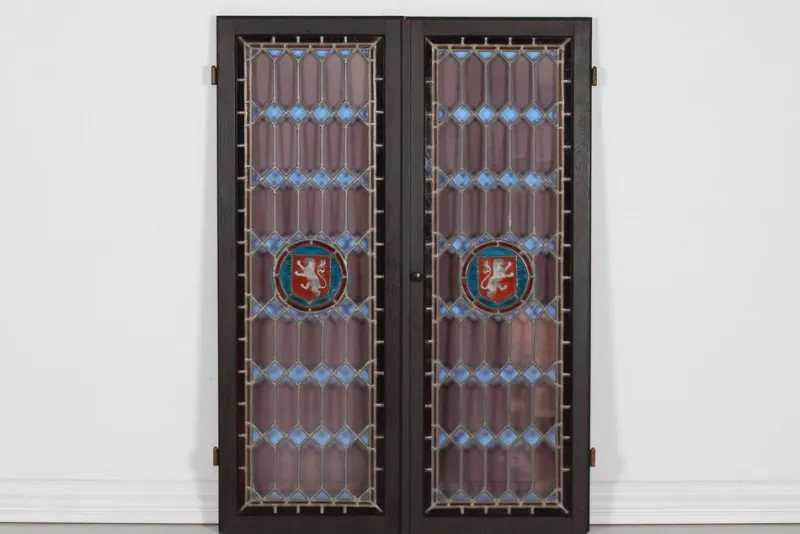 New Pamono Leaded Windows with Colored Panes in Frame of Dark Wood, Denmark, 1930s, Set of 2