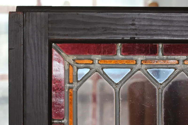 New Pamono Leaded Windows with Colored Panes in Frame of Dark Wood, Denmark, 1930s, Set of 2