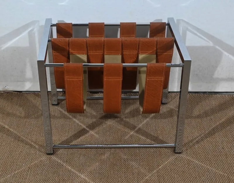 Pamono Leather and Chrome Magazine Rack from Novatrend, 1980s