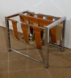 Pamono Leather and Chrome Magazine Rack from Novatrend, 1980s