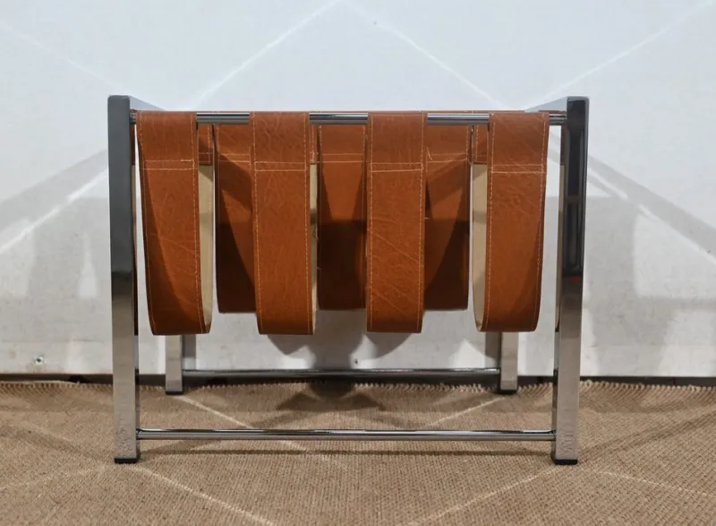 Pamono Leather and Chrome Magazine Rack from Novatrend, 1980s