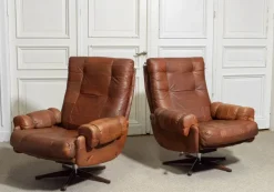 Pamono Leather Swivel Lounge Chairs attributed to Ope-Möbler Jönköping, Sweden, 1960s, Set of 2><noscript><img width=