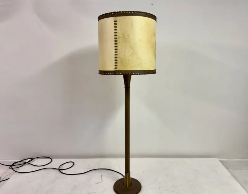 Pamono Leather-Wrapped Floor Lamp with Parchment Shade by Charlotte Wawer, 1950s> Floor Lamps