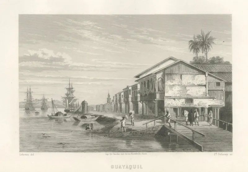 Sale Pamono Lebreton, Illustration of Guayaquil Waterfront and Harbor City View, 1867, Engraving