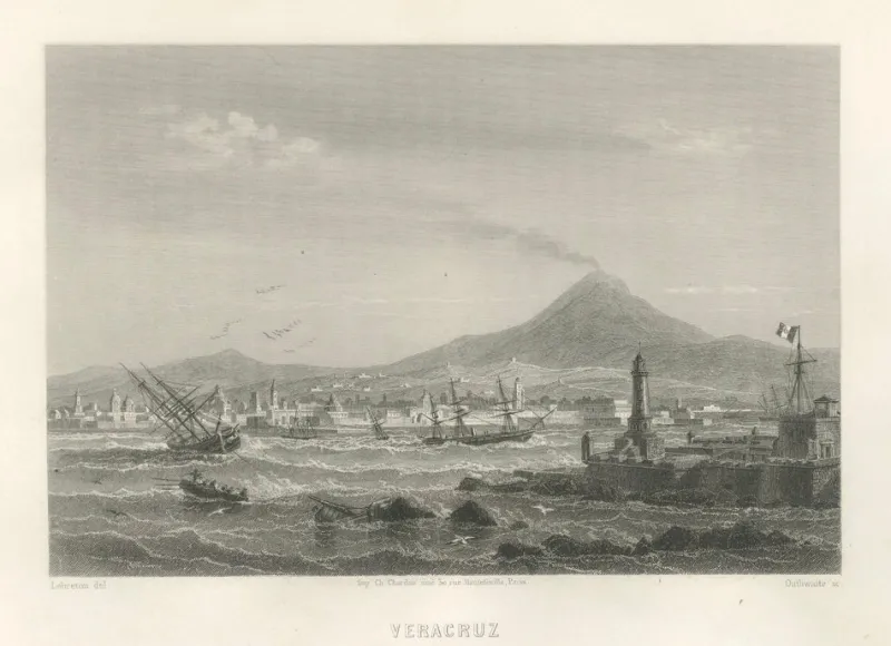 Clearance Pamono Lebreton, Veracruz Port and Volcano Panorama, 1867, Engraving