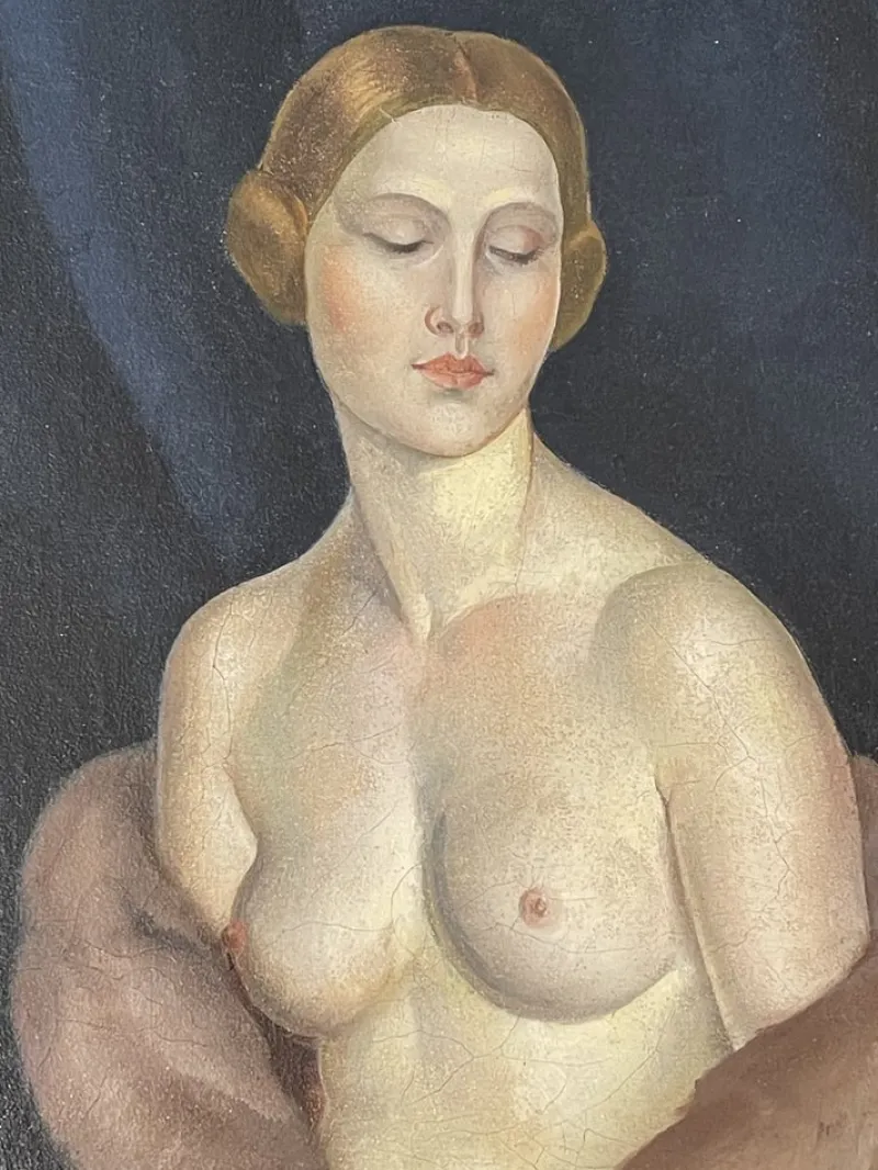 Online Pamono Leonid Frechkop, Nude with a Fur Coat, 1920s, Oil on Canvas