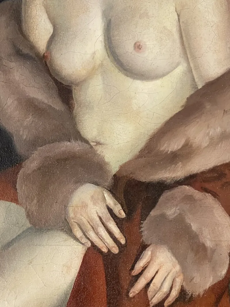 Online Pamono Leonid Frechkop, Nude with a Fur Coat, 1920s, Oil on Canvas
