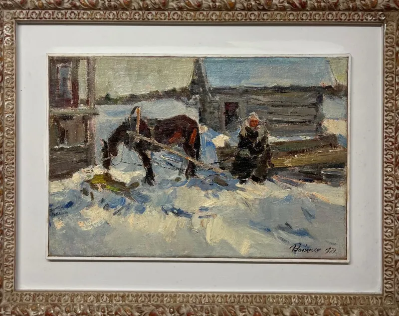 Sale Pamono Leonid Vaichilia, Horses in Winter, Oil Painting, 1971, Framed