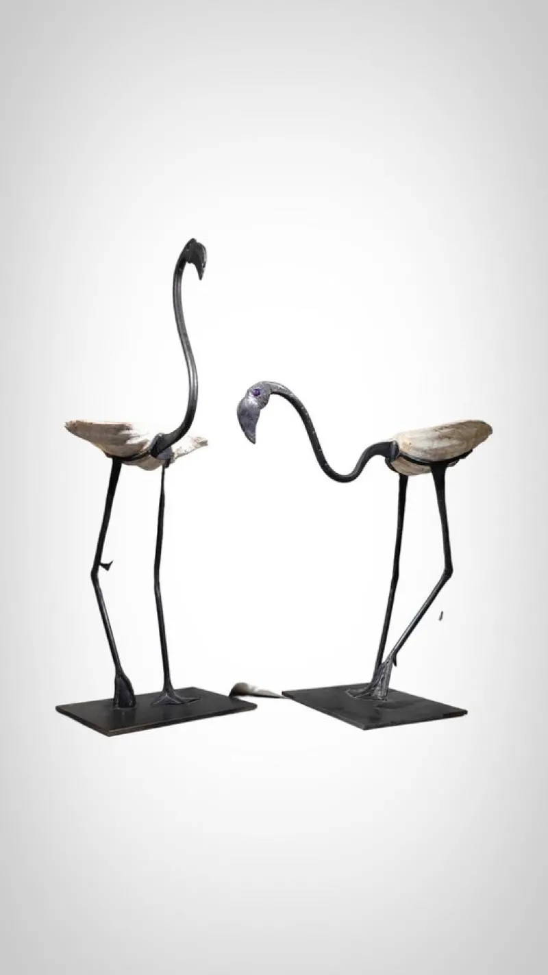 Clearance Pamono Life Size Flamingo Sculptures in Wrought Iron, 1940s, Set of 2