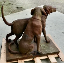 Pamono Life-Size Weathered Cast Iron Labrador Statues on Plinths, 1960s, Set of 2><noscript><img width=