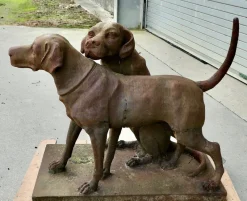Pamono Life-Size Weathered Cast Iron Labrador Statues on Plinths, 1960s, Set of 2><noscript><img width=