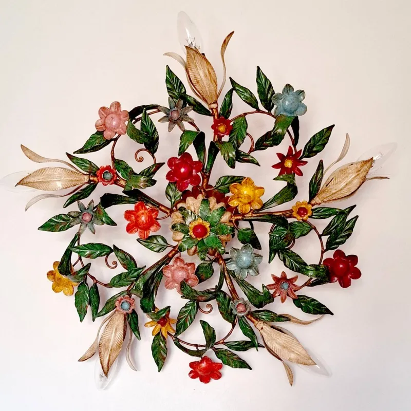 Pamono 5-Light Ceiling or Wall Lamp with Red, Yellow and Blue Flowers and Leaves, Italy, 1970s> Ceiling Lights