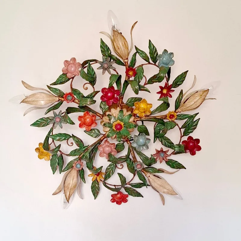 Pamono 5-Light Ceiling or Wall Lamp with Red, Yellow and Blue Flowers and Leaves, Italy, 1970s> Ceiling Lights