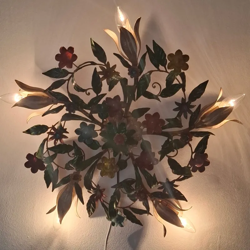 Pamono 5-Light Ceiling or Wall Lamp with Red, Yellow and Blue Flowers and Leaves, Italy, 1970s> Ceiling Lights