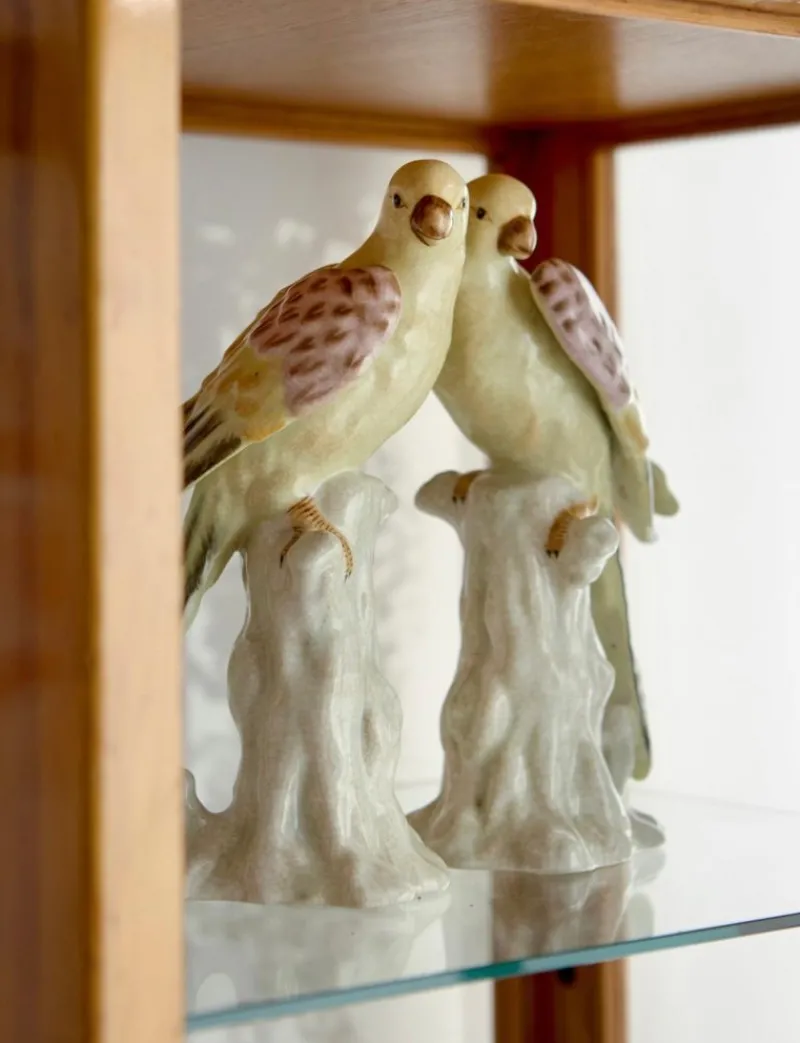 New Pamono Light Green and Yellow Porcelain Parrots by Gand & C, Set of 2