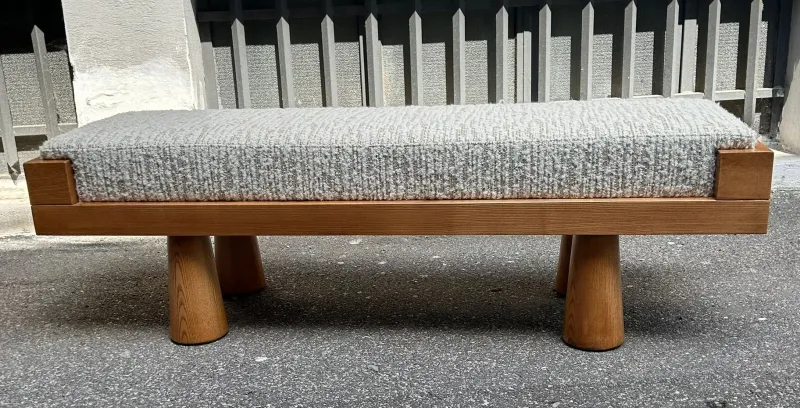 Pamono Light Wood Bench with Conical Legs and Grey Bouclé Fabric Sides, 2000s> Benches