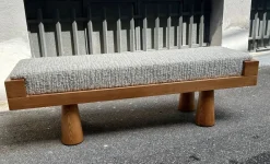 Pamono Light Wood Bench with Conical Legs and Grey Bouclé Fabric Sides, 2000s> Benches