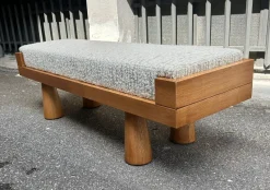 Pamono Light Wood Bench with Conical Legs and Grey Bouclé Fabric Sides, 2000s><noscript><img width=
