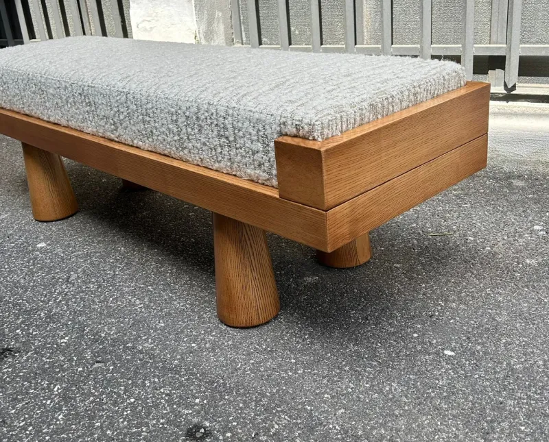 Pamono Light Wood Bench with Conical Legs and Grey Bouclé Fabric Sides, 2000s> Benches
