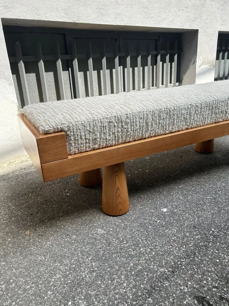Pamono Light Wood Bench with Conical Legs and Grey Bouclé Fabric Sides, 2000s> Benches