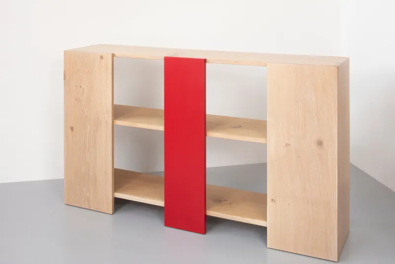 Pamono Limed Oak and Red Aluminium Bookcase by Paul Kelley> Storage