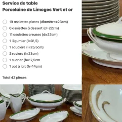 Pamono Limoges Porcelain Dinner Service in Green and Gold, 1960s, Set of 42> Dinner Plates & Bowls