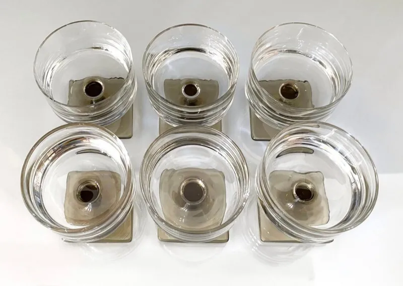 Clearance Pamono Linear Smoke Berlin Cups in 24% Lead Crystal & Square Base George Butler Jensen for Rosenthal, Set of 6