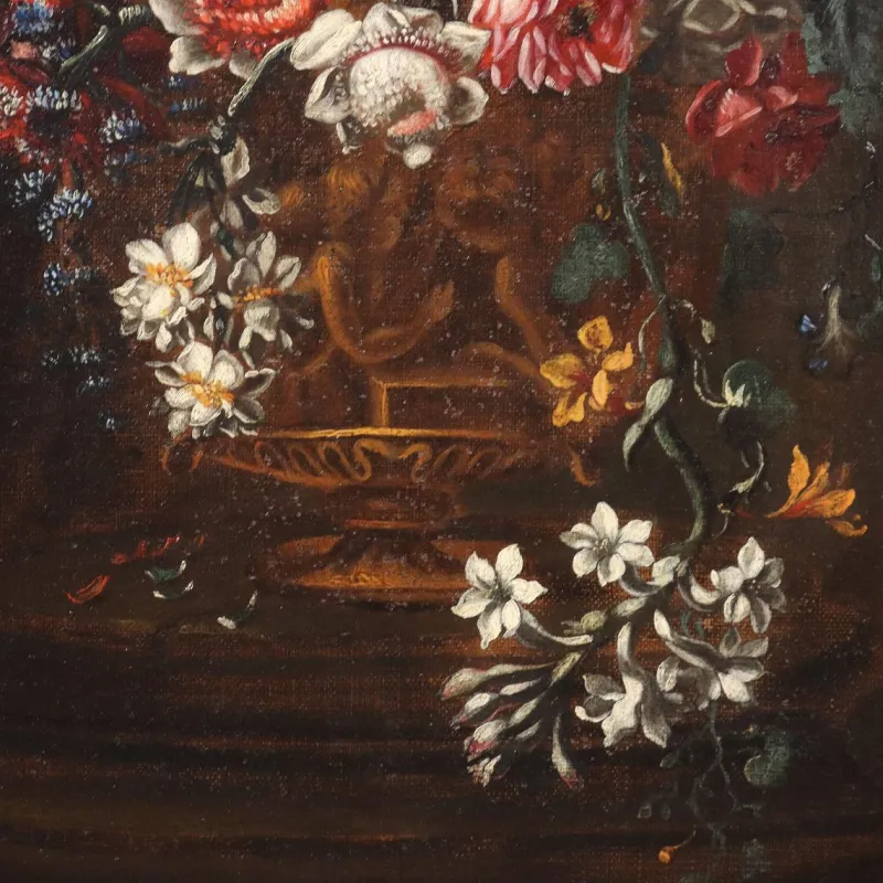 Outlet Pamono Lombard School Artist, Still Life with Flowers and Pumpkins, Late 1600s, Oil on Canvas, Framed
